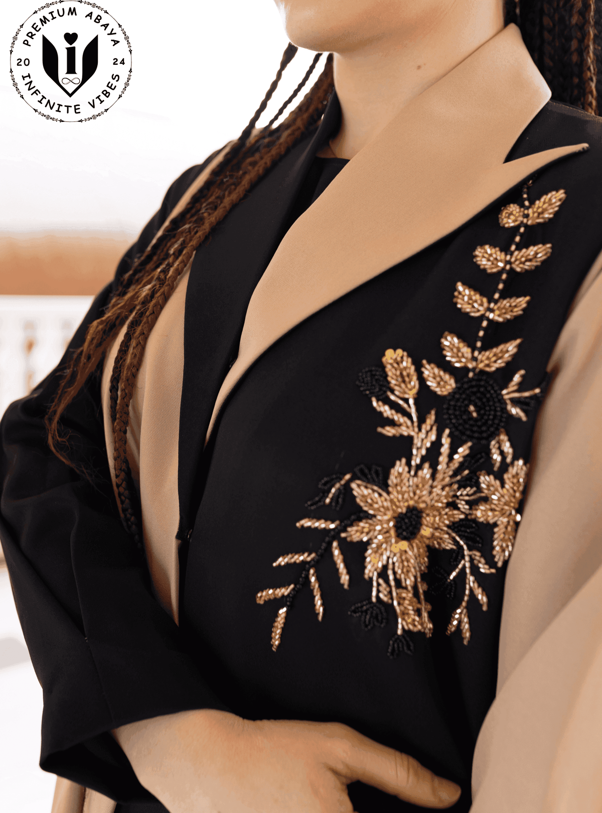 Modern Oasis: The Black Abaya with Collar Style & Dual-Tone Sand Elegance with Pearl Accents with Sheila - INFINITE VIBES