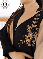 Modern Oasis: The Black Abaya with Collar Style & Dual-Tone Sand Elegance with Pearl Accents with Sheila - INFINITE VIBES