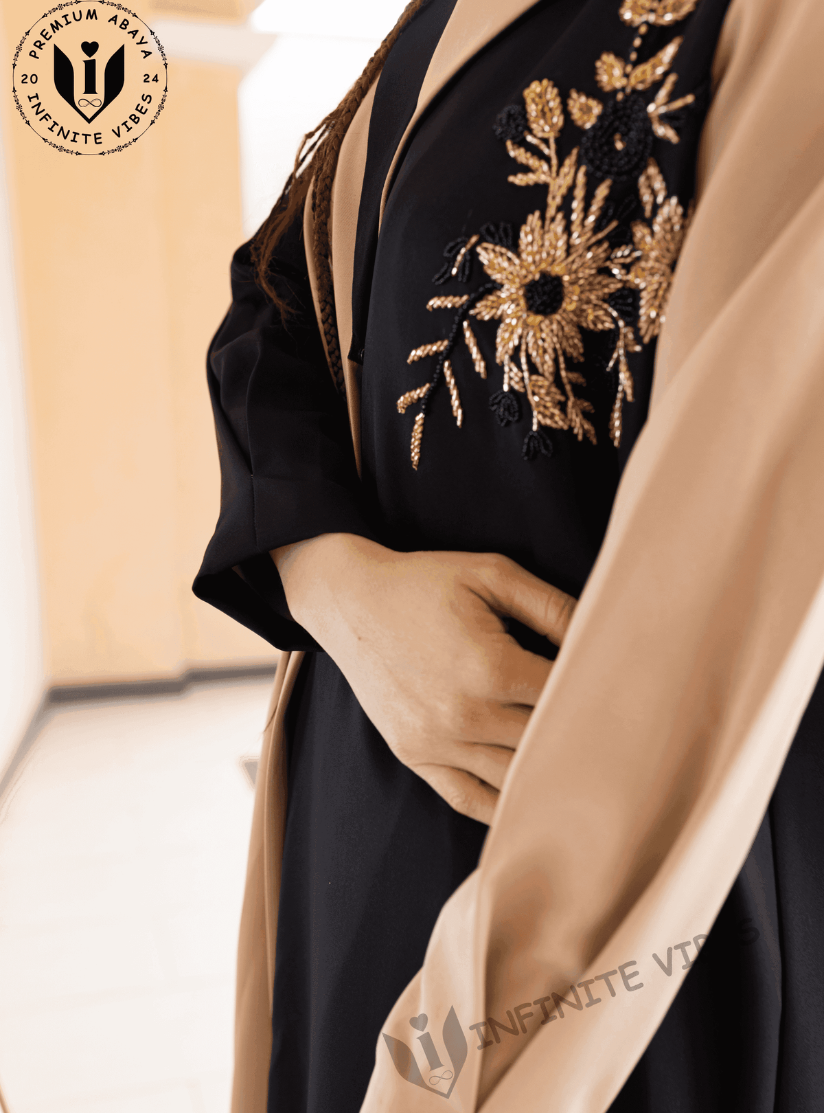 Modern Oasis: The Black Abaya with Collar Style & Dual-Tone Sand Elegance with Pearl Accents with Sheila - INFINITE VIBES