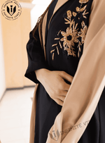Modern Oasis: The Black Abaya with Collar Style & Dual-Tone Sand Elegance with Pearl Accents with Sheila - INFINITE VIBES