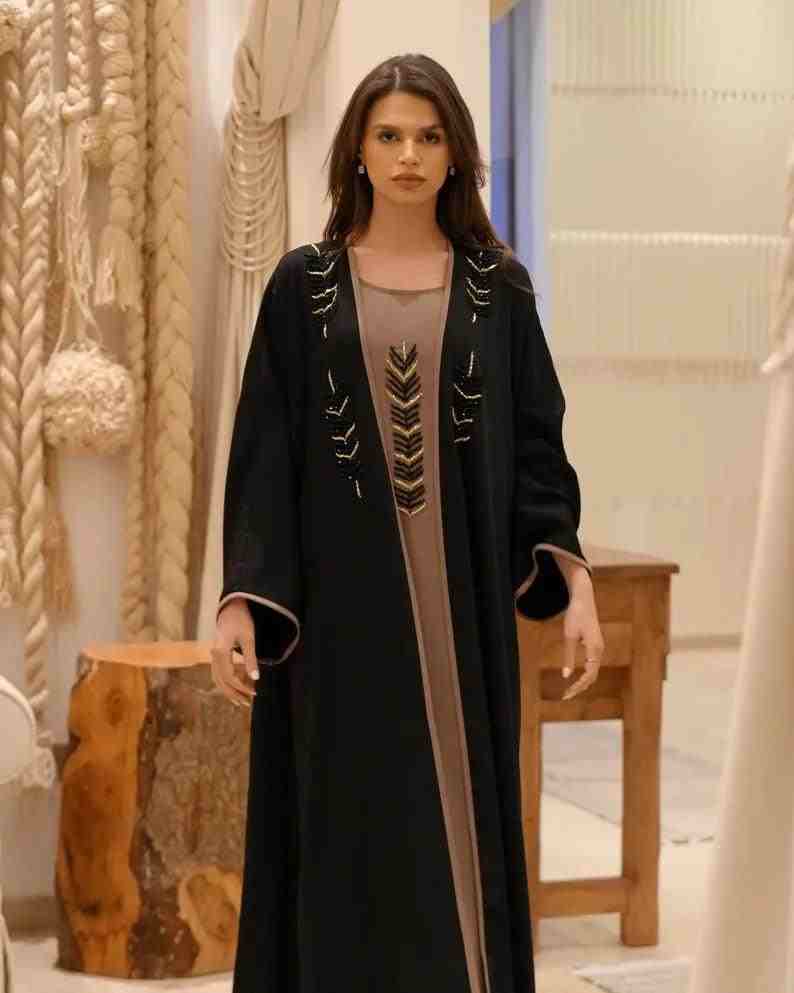Luxurious Brown & Black Abaya and Dress Set with Handcrafted Details by Infinite Vibes Abayas