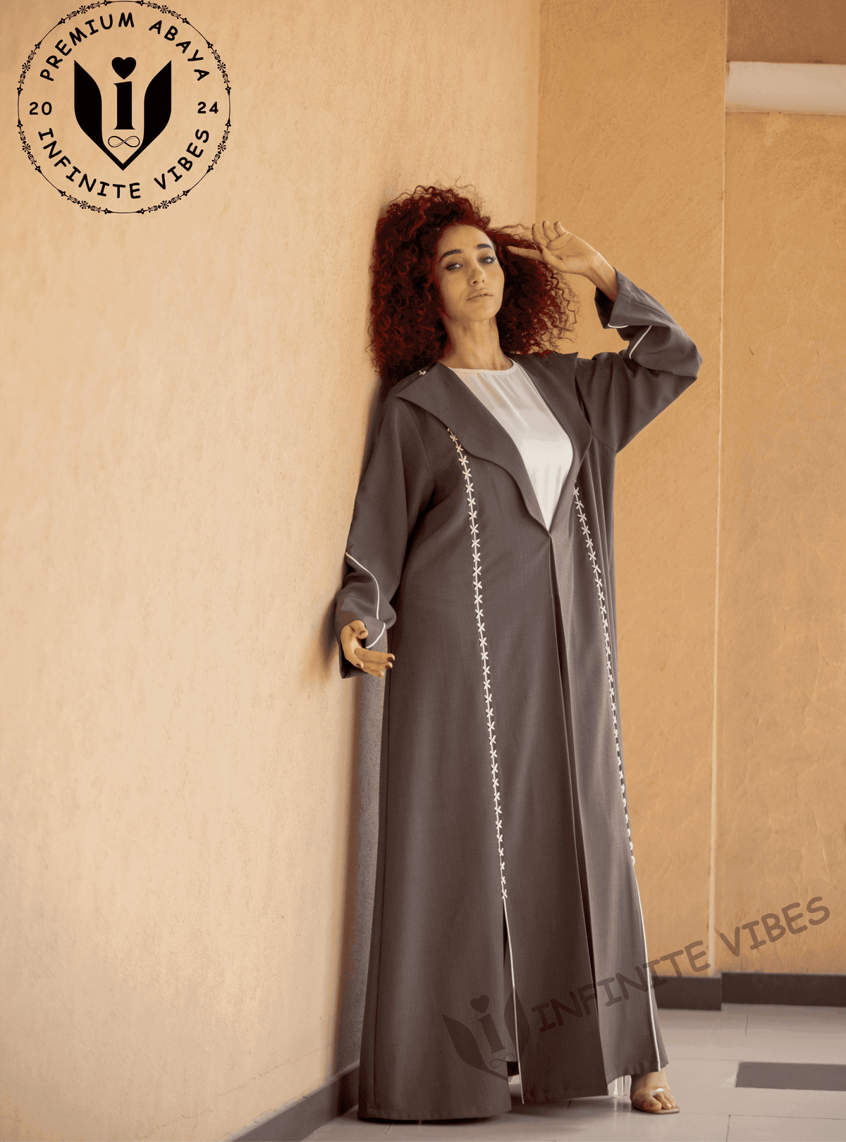 Elegance in Contrast: Dual Tone Grey Shade Abaya with Cross Stitch White Laces Handwork with Sheila - INFINITE VIBES