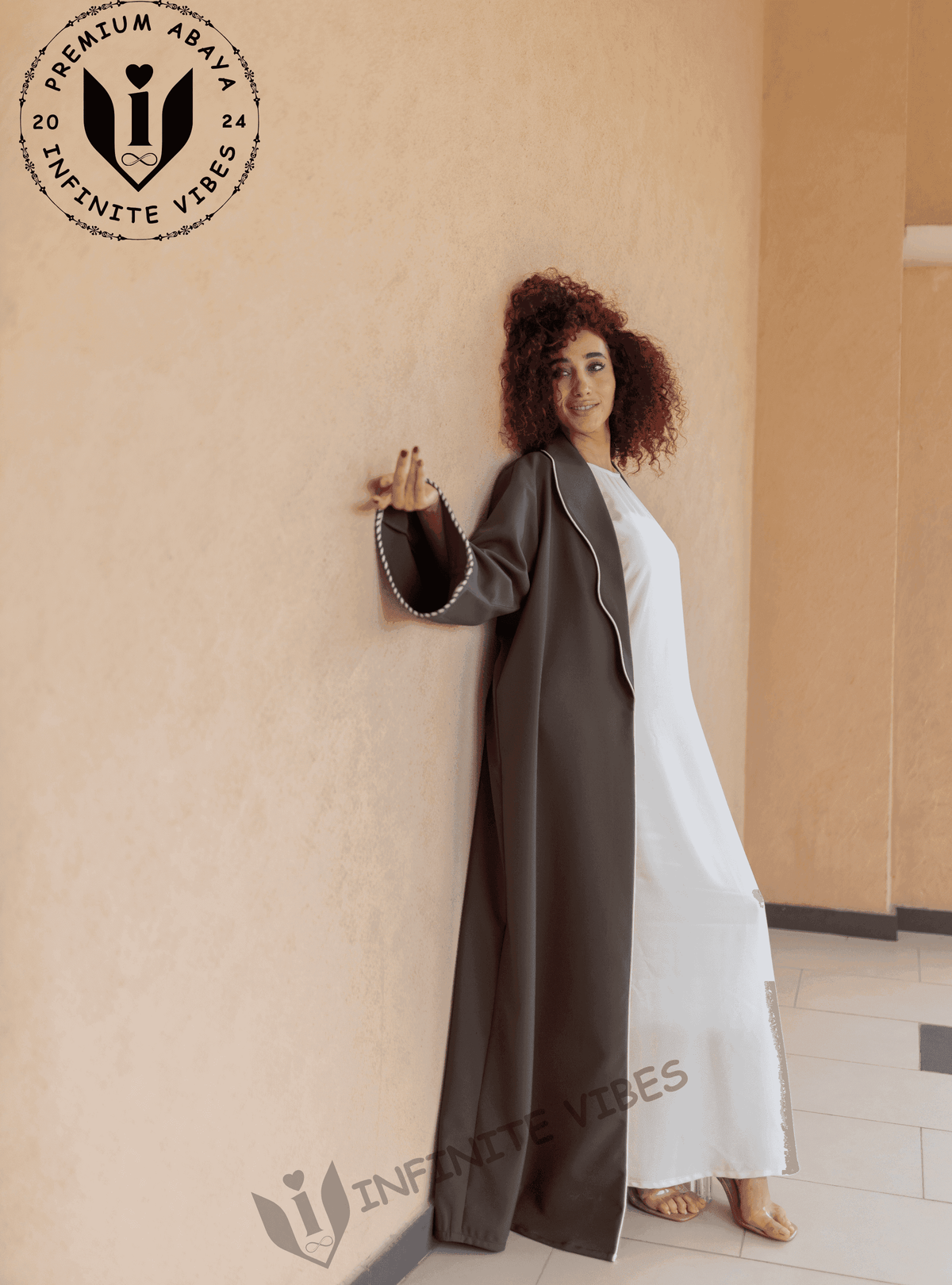 Elegance in Motion Dual Tone Dolphin Grey Abaya with White Striped Collar and Cuffs with Sheila - INFINITE VIBES