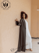 Elegance in Motion Dual Tone Dolphin Grey Abaya with White Striped Collar and Cuffs with Sheila - INFINITE VIBES