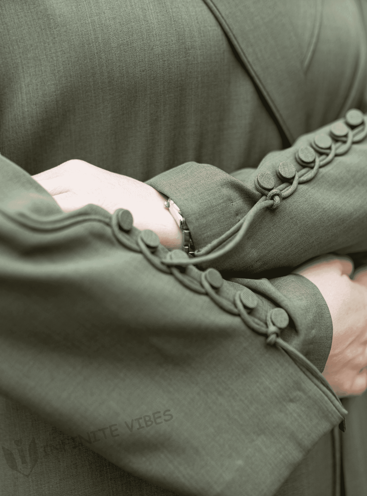 Elegant Jade Green Abaya with Collar and Front Button Detail, paired with a Sheila - INFINITE VIBES