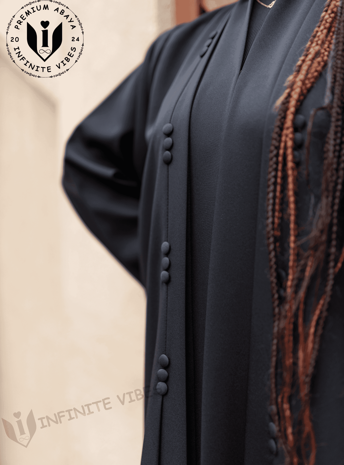 Celebrate Ramadan in Style: Black Abaya with Button Accents & Sheila - INFINITE VIBES