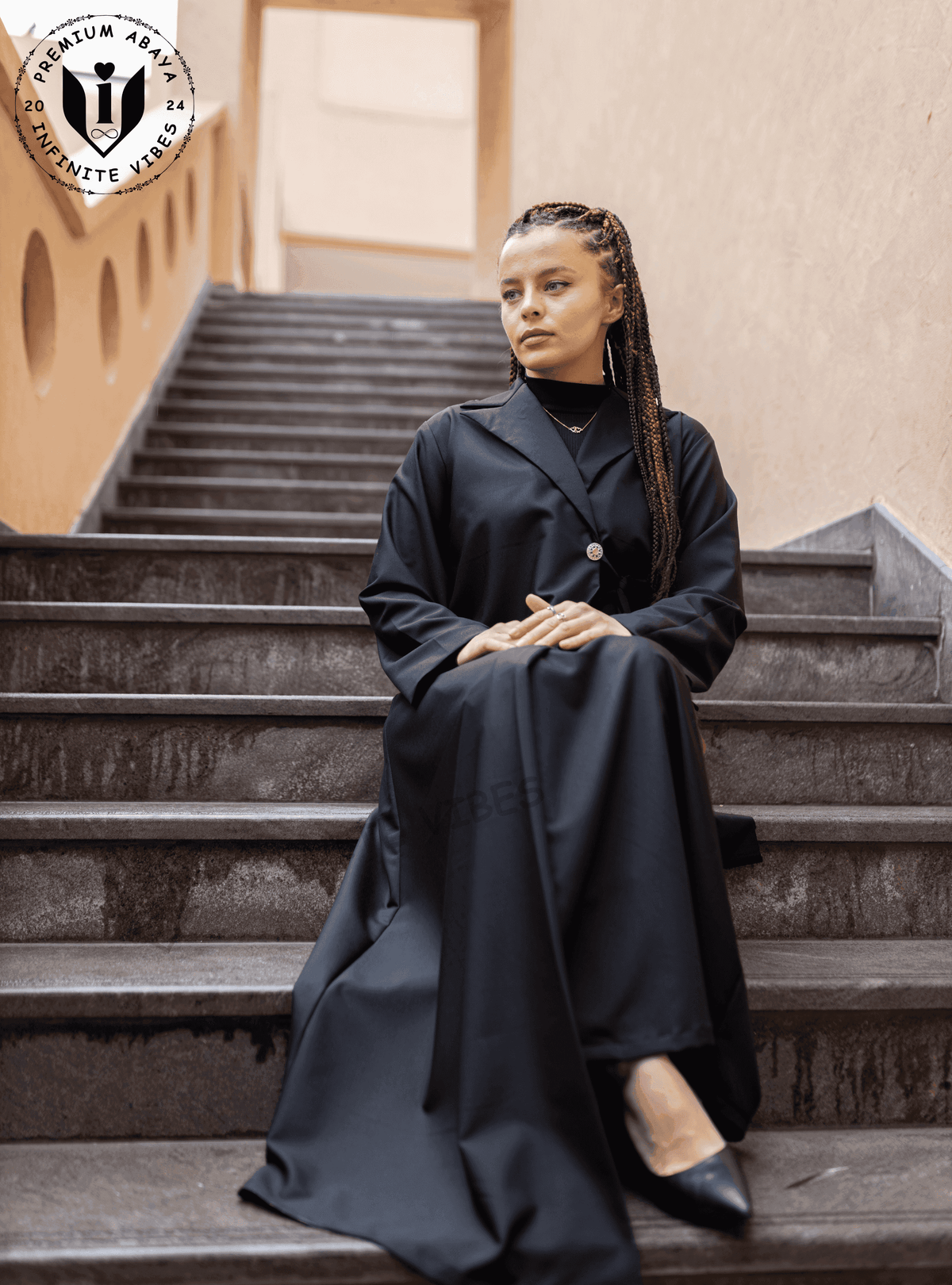 Elegant Enigma: Black Abaya with Collar and Sheila - INFINITE VIBES