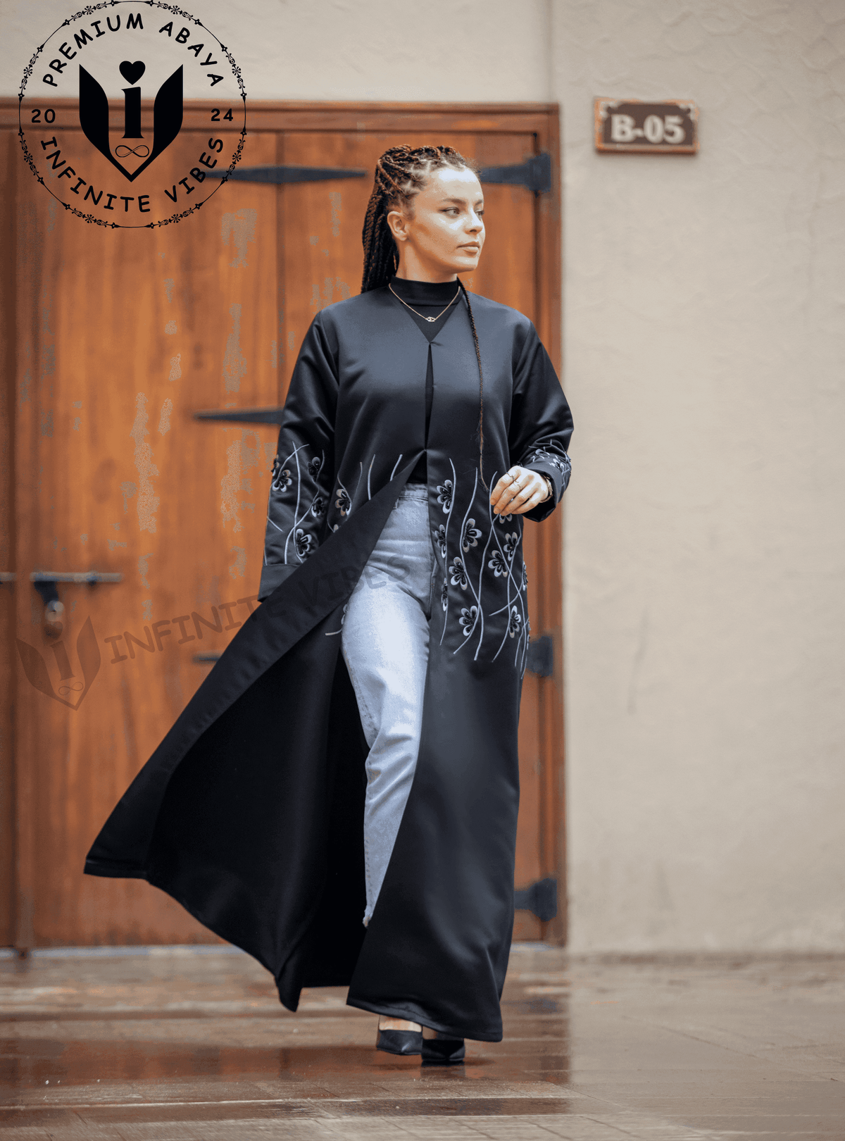 Luxurious Black Abaya with Pearl & Resham Detailing (Sheila Included) by Infinite Vibes - INFINITE VIBES
