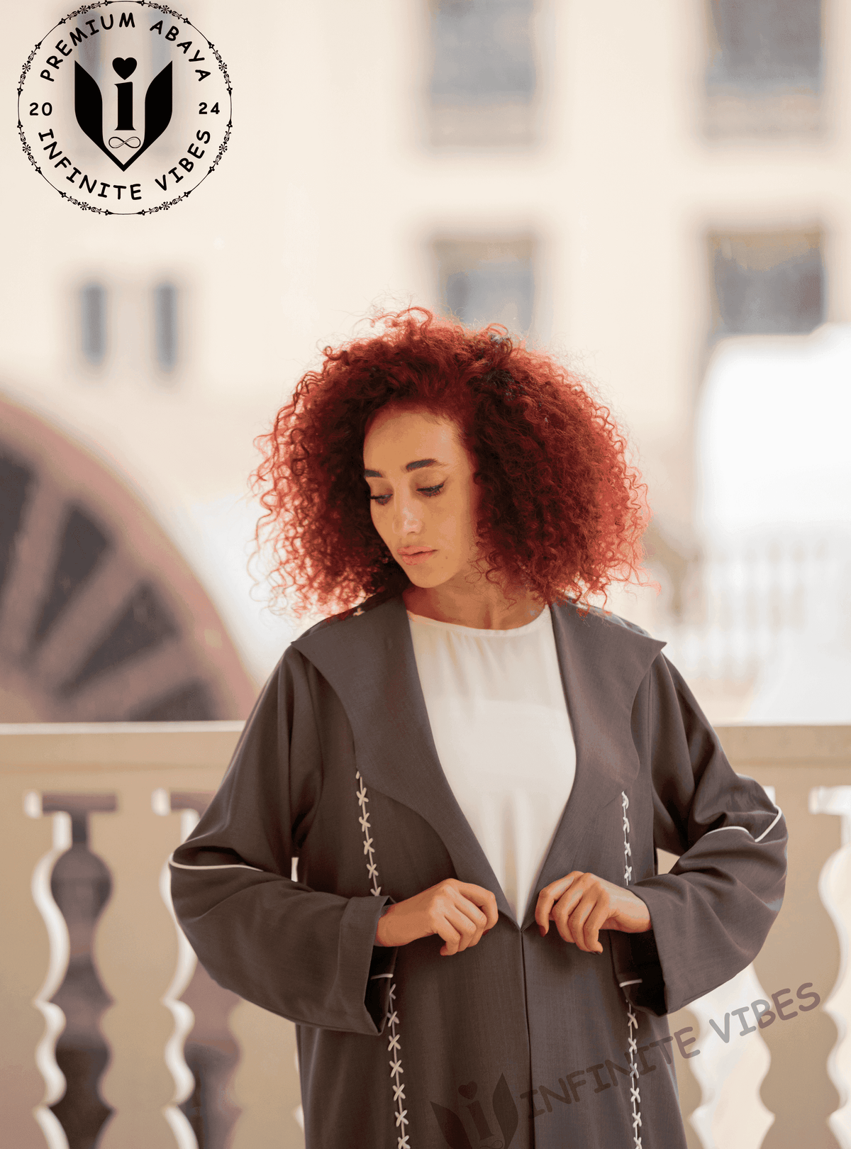 Elegance in Contrast: Dual Tone Grey Shade Abaya with Cross Stitch White Laces Handwork with Sheila - INFINITE VIBES