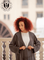 Elegance in Contrast: Dual Tone Grey Shade Abaya with Cross Stitch White Laces Handwork with Sheila - INFINITE VIBES