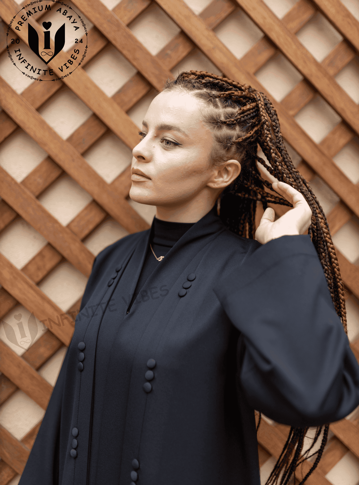Celebrate Ramadan in Style: Black Abaya with Button Accents & Sheila - INFINITE VIBES
