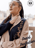 Modern Oasis: The Black Abaya with Collar Style & Dual-Tone Sand Elegance with Pearl Accents with Sheila - INFINITE VIBES