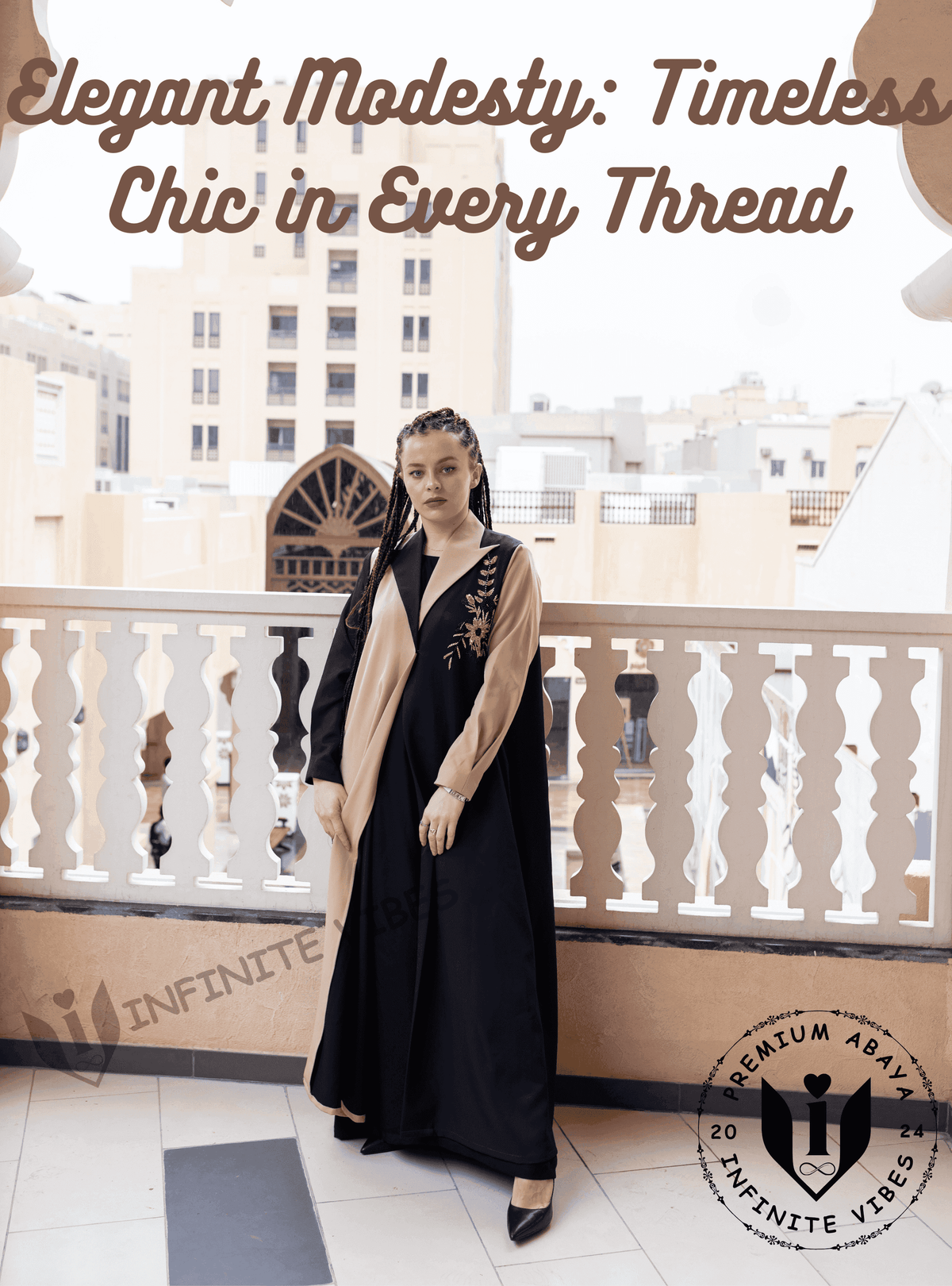 Modern Oasis: The Black Abaya with Collar Style & Dual-Tone Sand Elegance with Pearl Accents with Sheila - INFINITE VIBES