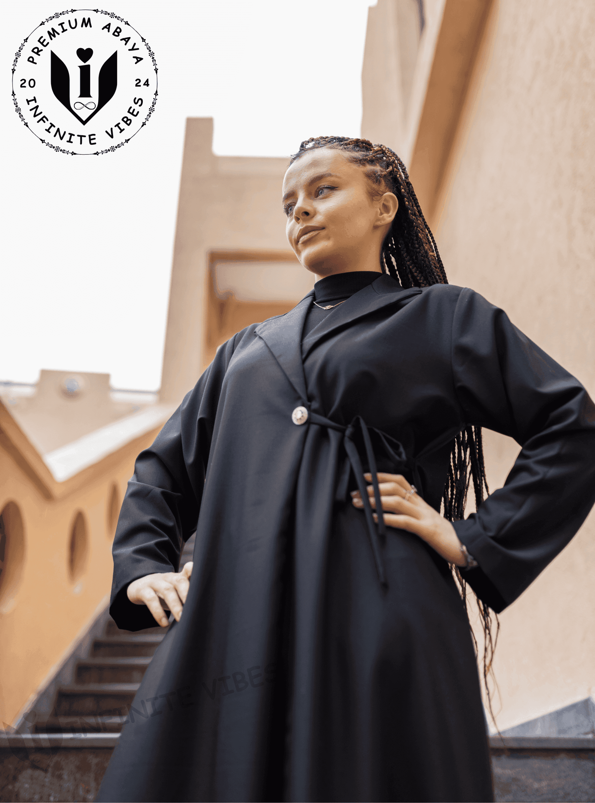 Elegant Enigma: Black Abaya with Collar and Sheila - INFINITE VIBES
