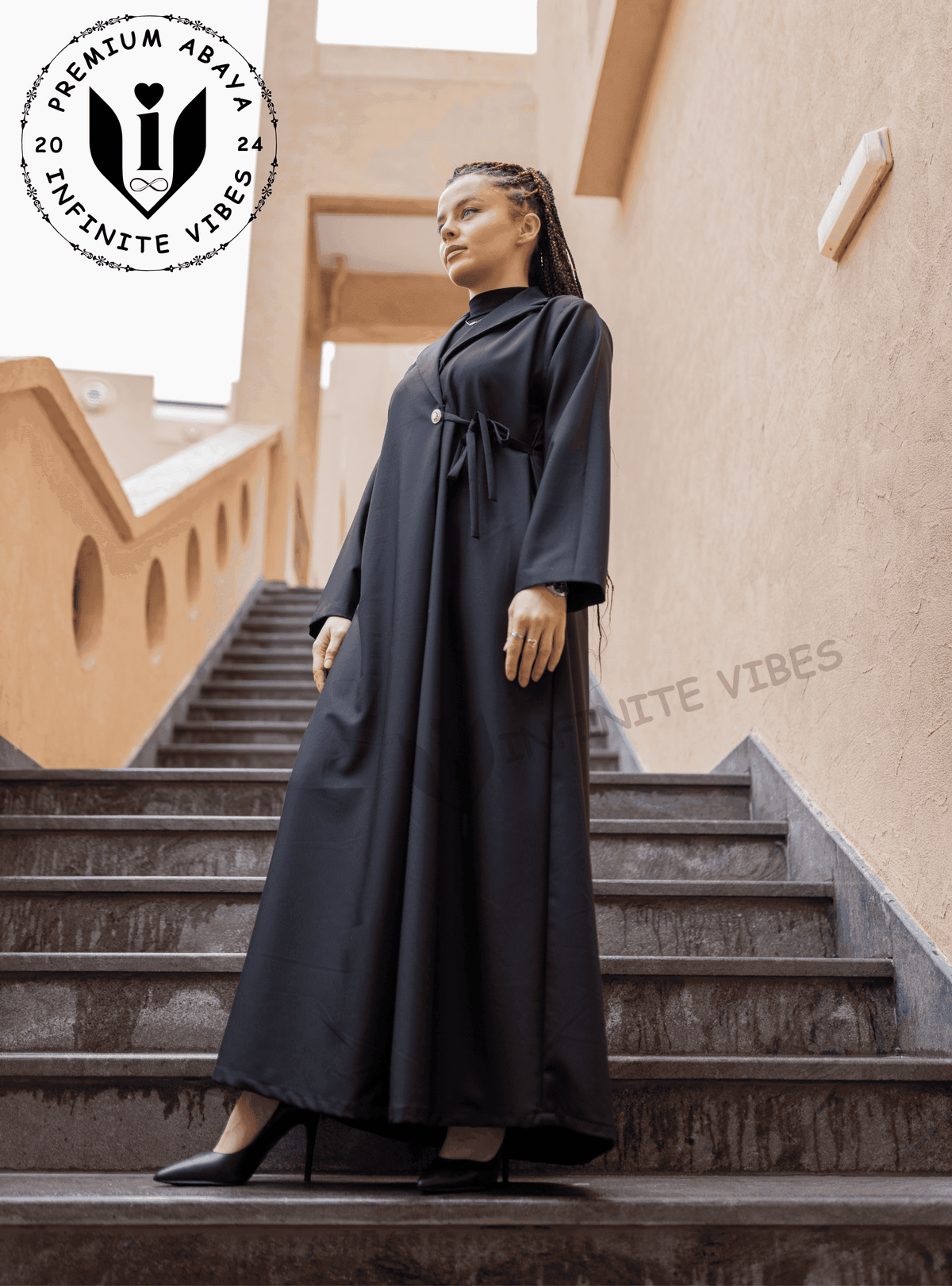 Elegant Enigma: Black Abaya with Collar and Sheila - INFINITE VIBES