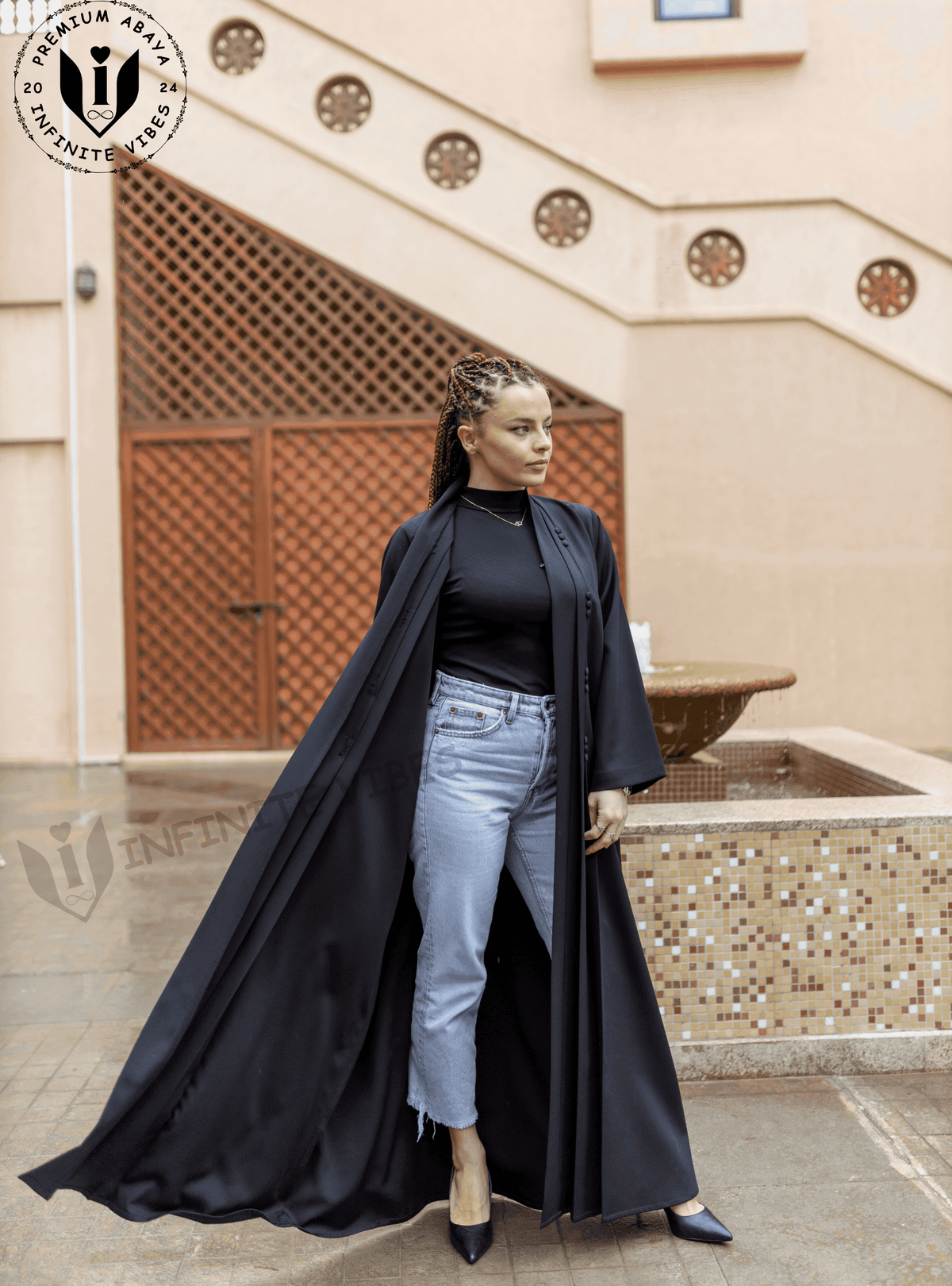 Celebrate Ramadan in Style: Black Abaya with Button Accents & Sheila - INFINITE VIBES
