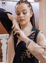 Modern Oasis: The Black Abaya with Collar Style & Dual-Tone Sand Elegance with Pearl Accents with Sheila - INFINITE VIBES