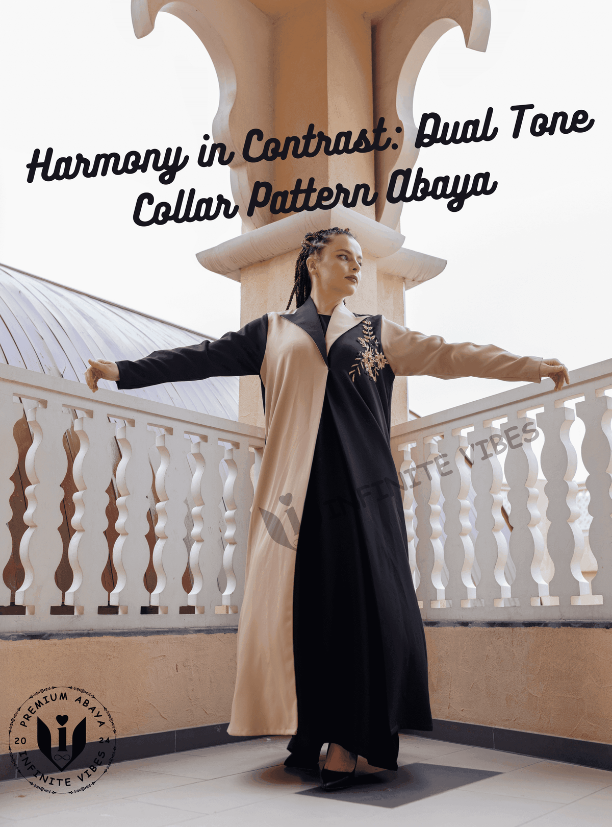 Modern Oasis: The Black Abaya with Collar Style & Dual-Tone Sand Elegance with Pearl Accents with Sheila - INFINITE VIBES