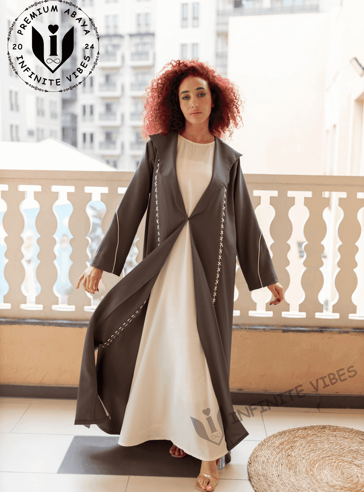 Elegance in Contrast: Dual Tone Grey Shade Abaya with Cross Stitch White Laces Handwork with Sheila - INFINITE VIBES