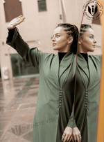 Elegant Jade Green Abaya with Collar and Front Button Detail, paired with a Sheila - INFINITE VIBES