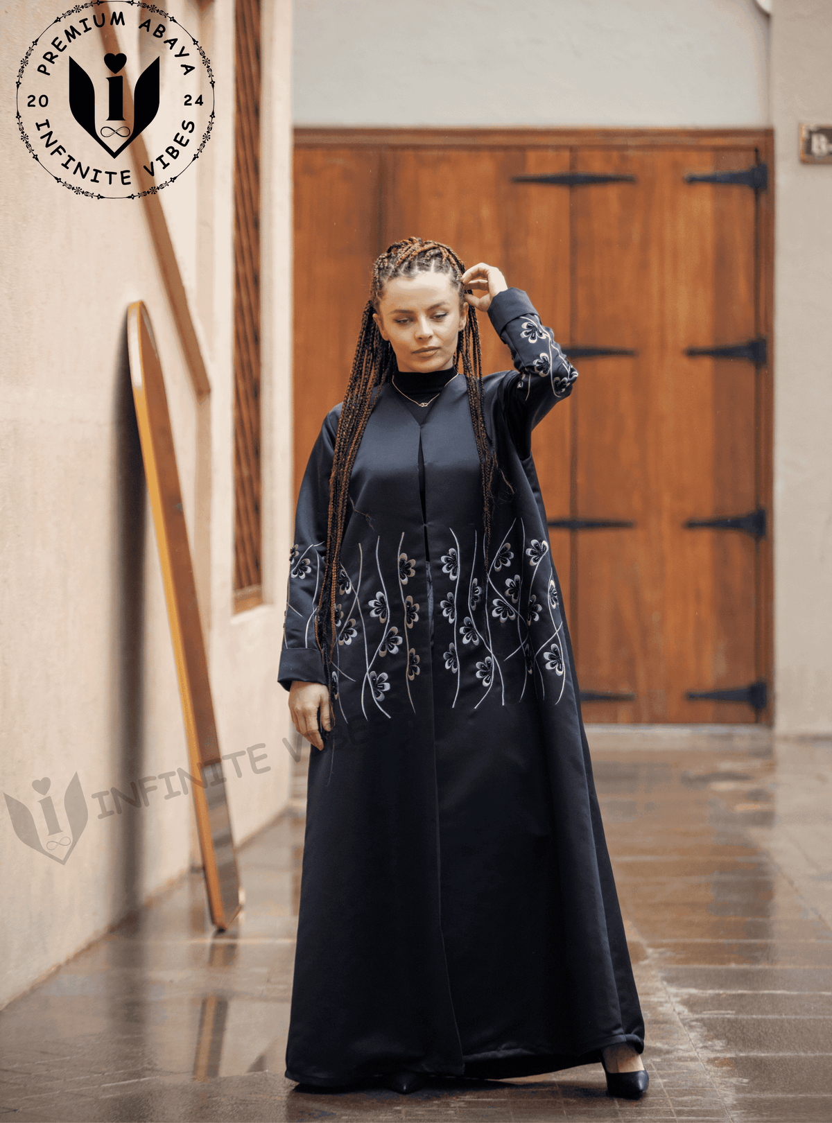 Luxurious Black Abaya with Pearl & Resham Detailing (Sheila Included) by Infinite Vibes - INFINITE VIBES
