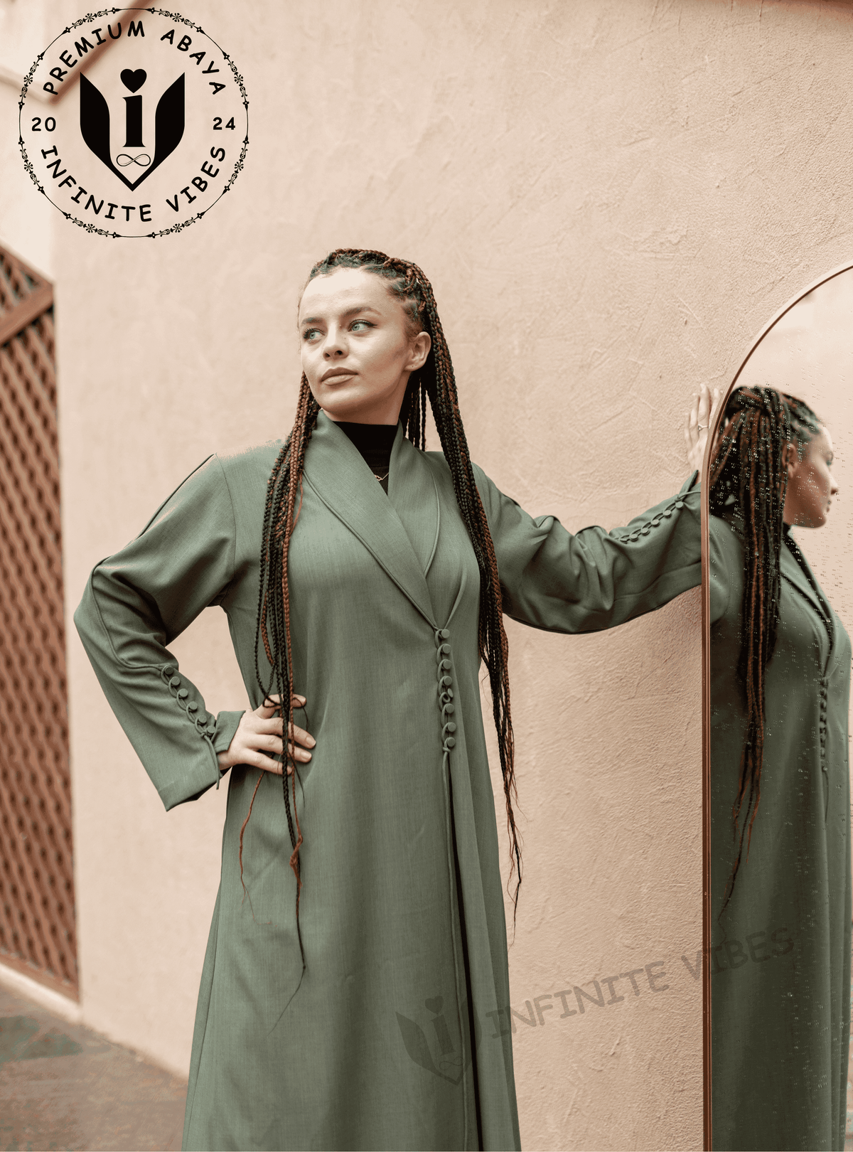 Elegant Jade Green Abaya with Collar and Front Button Detail, paired with a Sheila - INFINITE VIBES