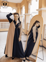 Modern Oasis: The Black Abaya with Collar Style & Dual-Tone Sand Elegance with Pearl Accents with Sheila - INFINITE VIBES