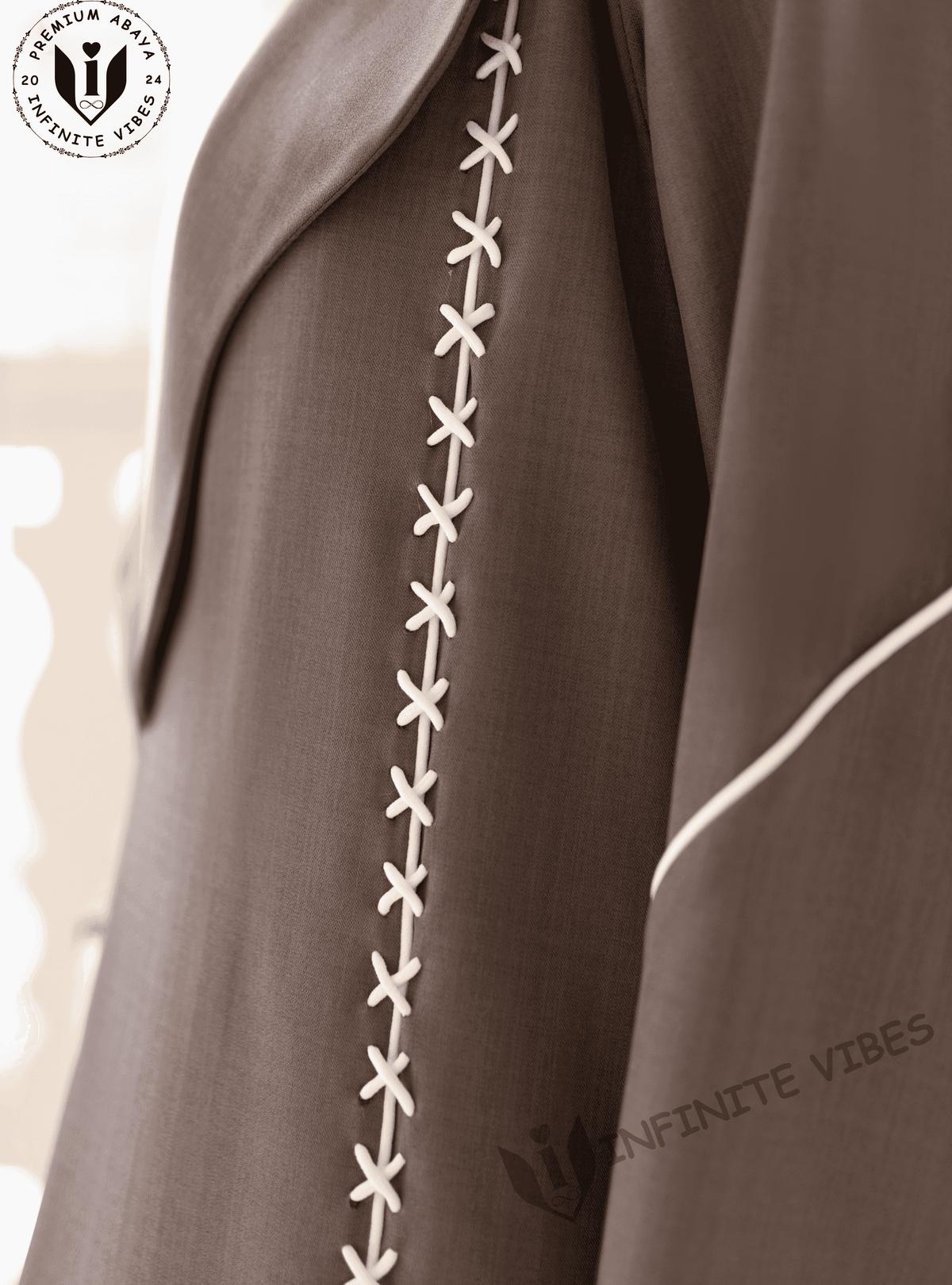 Elegance in Contrast: Dual Tone Grey Shade Abaya with Cross Stitch White Laces Handwork with Sheila - INFINITE VIBES