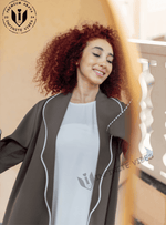 Elegance in Motion Dual Tone Dolphin Grey Abaya with White Striped Collar and Cuffs with Sheila - INFINITE VIBES