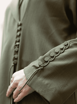 Elegant Jade Green Abaya with Collar and Front Button Detail, paired with a Sheila - INFINITE VIBES