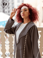 Elegance in Contrast: Dual Tone Grey Shade Abaya with Cross Stitch White Laces Handwork with Sheila - INFINITE VIBES