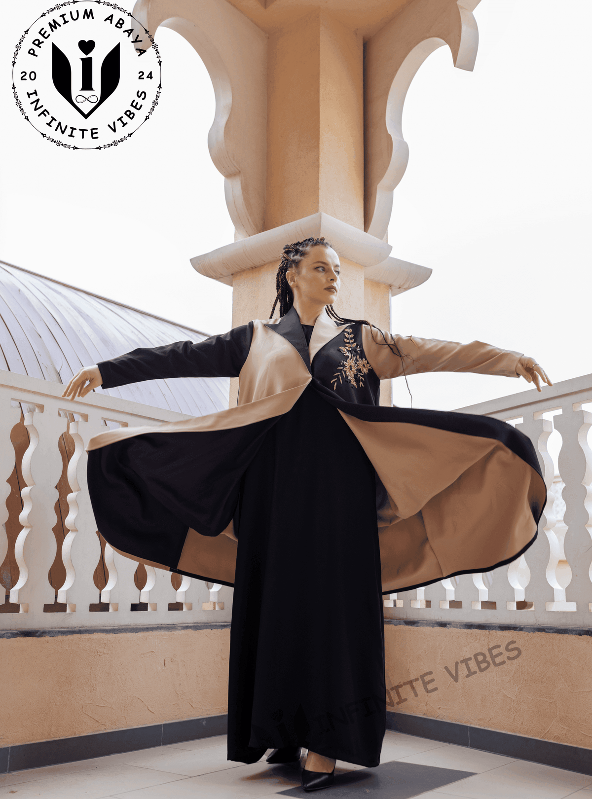 Modern Oasis: The Black Abaya with Collar Style & Dual-Tone Sand Elegance with Pearl Accents with Sheila - INFINITE VIBES