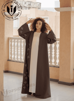 Luxurious Brown Front-Open Abaya with Laser Cut Design & Sheila - INFINITE VIBES