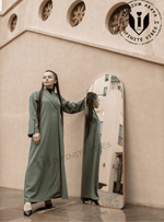 Elegant Jade Green Abaya with Collar and Front Button Detail, paired with a Sheila - INFINITE VIBES