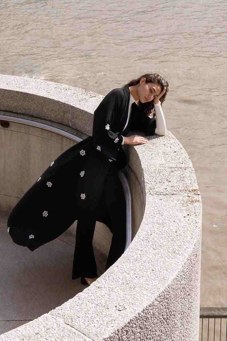 Black Floral Open Abaya With Belt | Infinite Vibes Abayas - INFINITE VIBES
