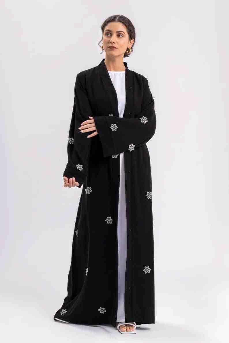 Black Floral Open Abaya With Belt | Infinite Vibes Abayas - INFINITE VIBES