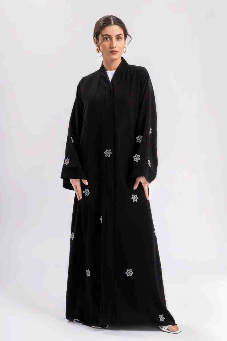 Black Floral Open Abaya With Belt | Infinite Vibes Abayas - INFINITE VIBES