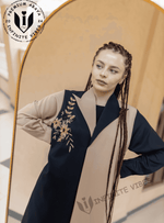 Modern Oasis: The Black Abaya with Collar Style & Dual-Tone Sand Elegance with Pearl Accents with Sheila - INFINITE VIBES