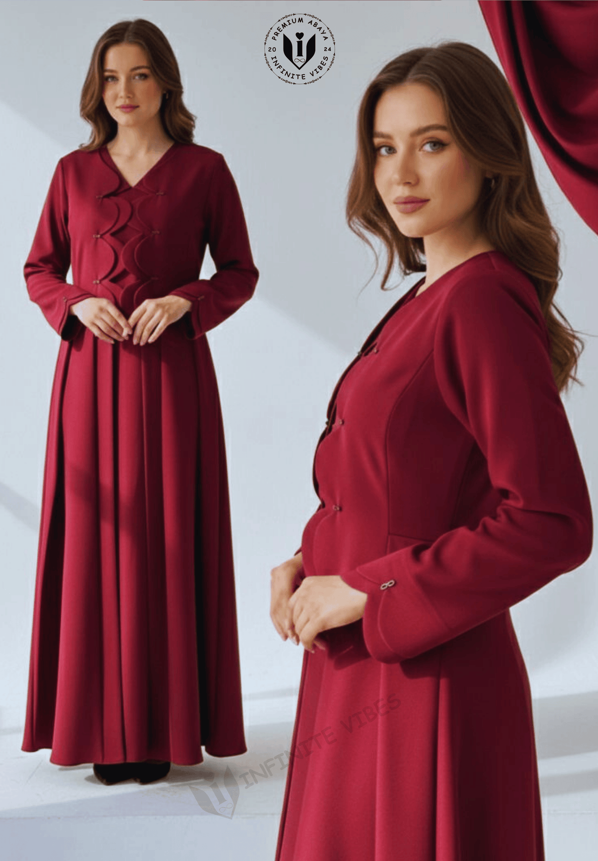 Burgundy designer abaya close-up detail showing premium Korean Marina fabric quality and elegant ruffle embellishment - Infinite Vibes UAE modest clothing