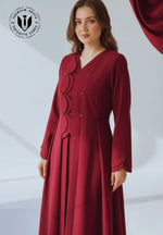Elegant burgundy abaya with ruffled front and Korean Marina fabric, modest fashion for women