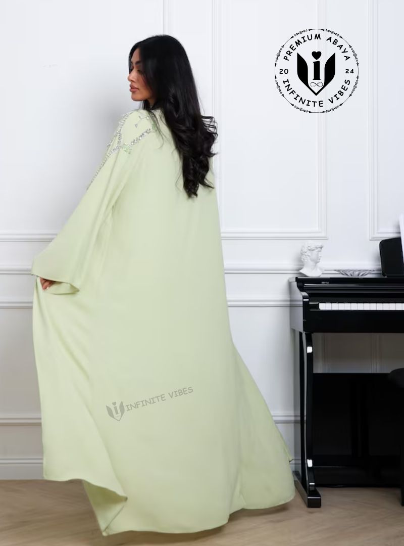 Crystal Vine Embroidery Detail on Pistachio Green Chiffon Abaya | Luxury Modest Fashion for Eid and Ramadan 2026