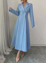 Elegant sky blue coat-style abaya with double-breasted buttons and long sleeves