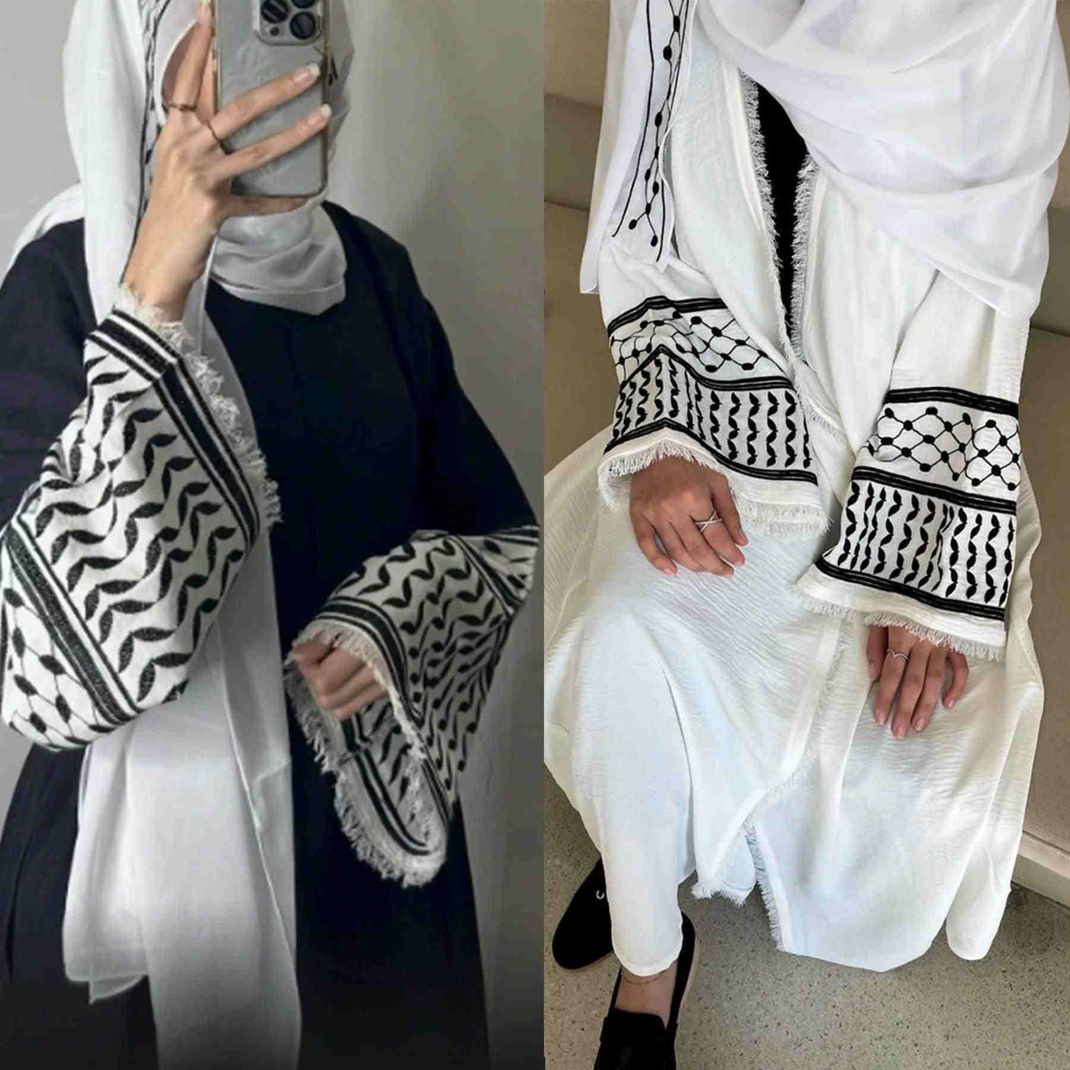 Luxury abayas with black and white embroidery, tassel sleeves, and modest kimono design