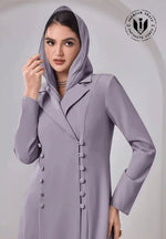 Elegant lavender abaya with hood and front buttons, modest fashion for women