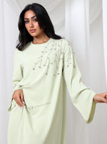 Luxury Light Green NIDA Abaya with Sheila | Embellished Crystal Design for UAE National Day 2025, Ramadan & Eid 2026