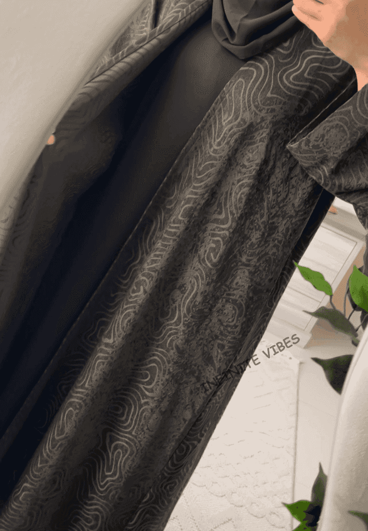 Luxury black abaya with abstract pattern fabric, modest fashion, close-up view