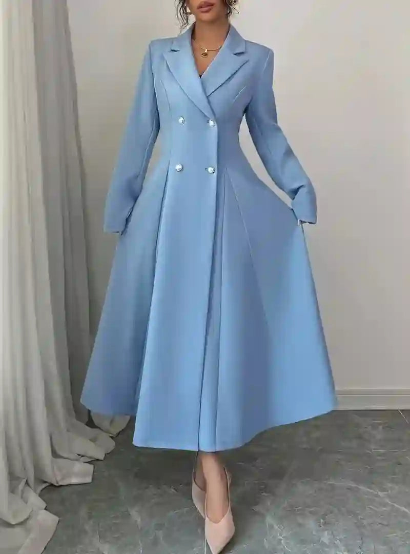 Premium double breasted light blue abaya with long sleeves and flared modest design