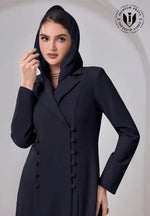Premium black abaya with collar, side buttons and hood, modeled in studio setting