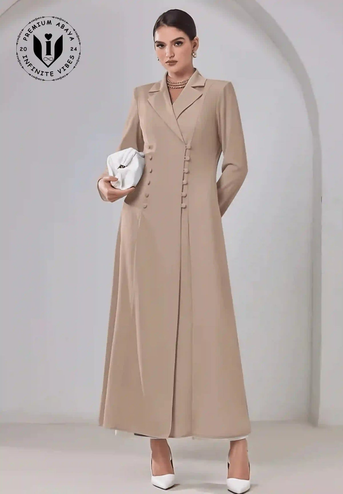 Elegant beige abaya with long sleeves and button design, modest fashion for women