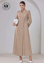 Elegant beige abaya with long sleeves and button design, modest fashion for women